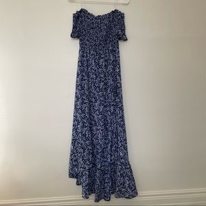 Fleur-tation Navy Blue Floral Print Off-the-Shoulder Midi Dress